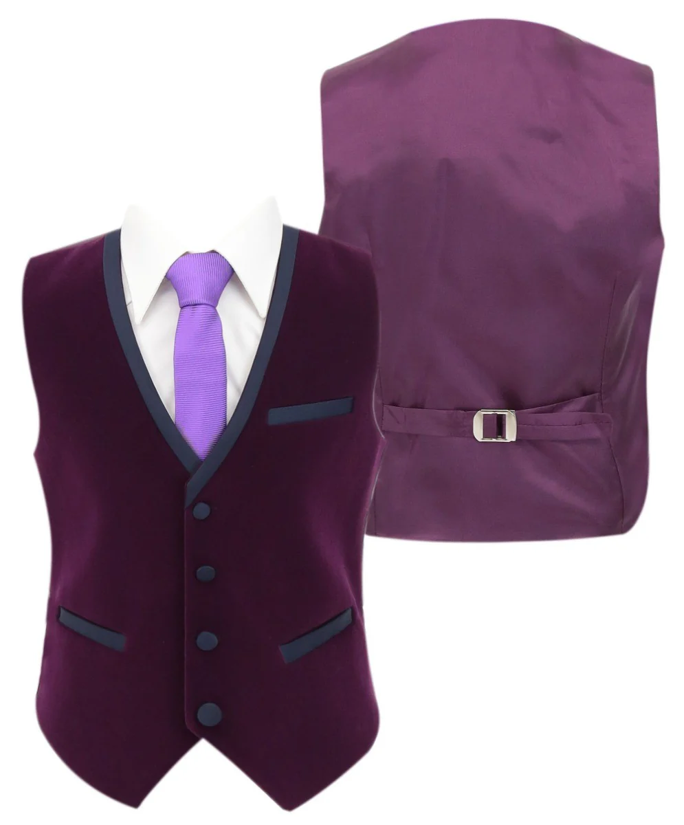 Boys Slim Fit Piping Velvet Tuxedo Suit - LONDON - Purple - Image 7