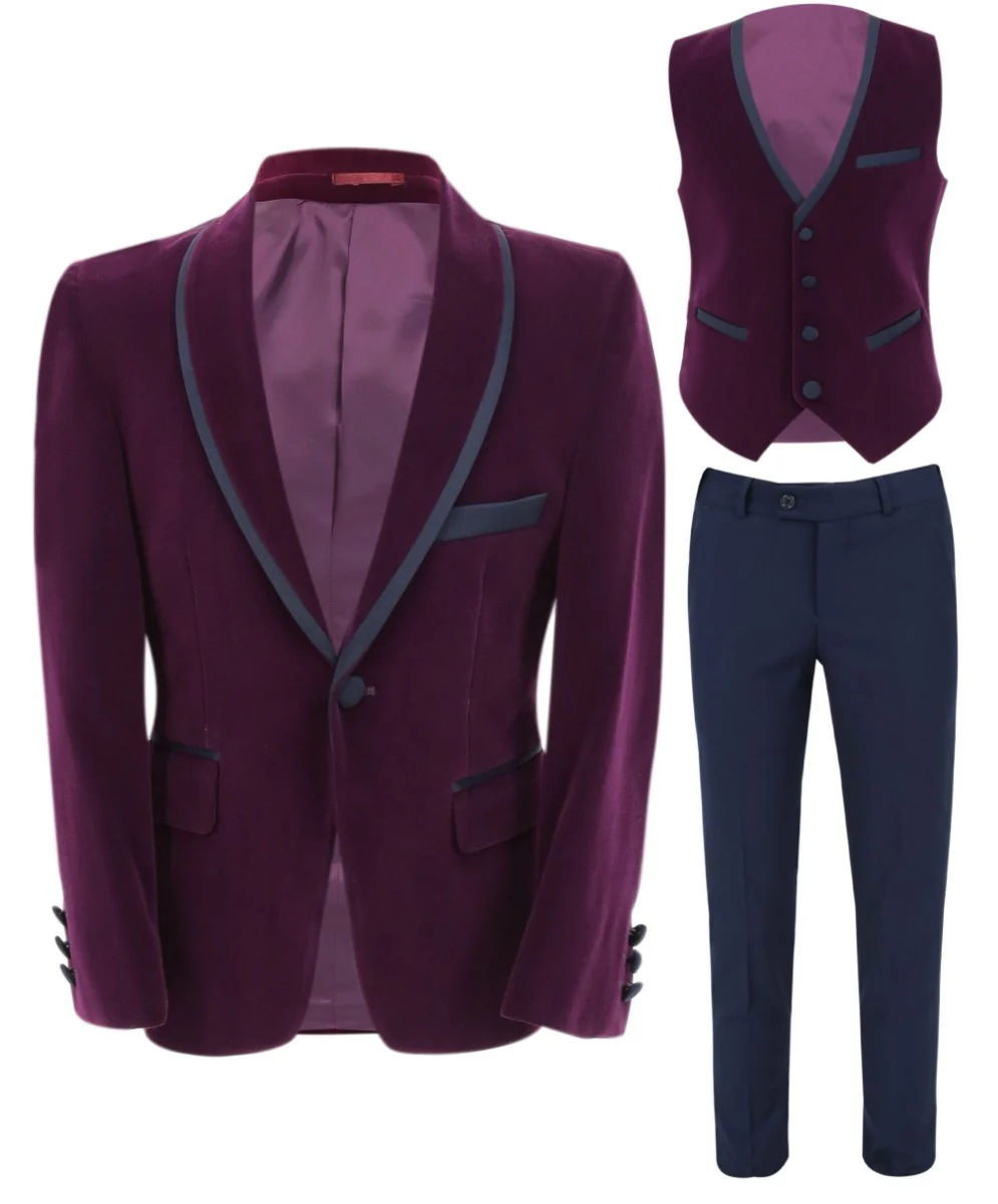 Boys Slim Fit Piping Velvet Tuxedo Suit - LONDON - Purple - Image 8