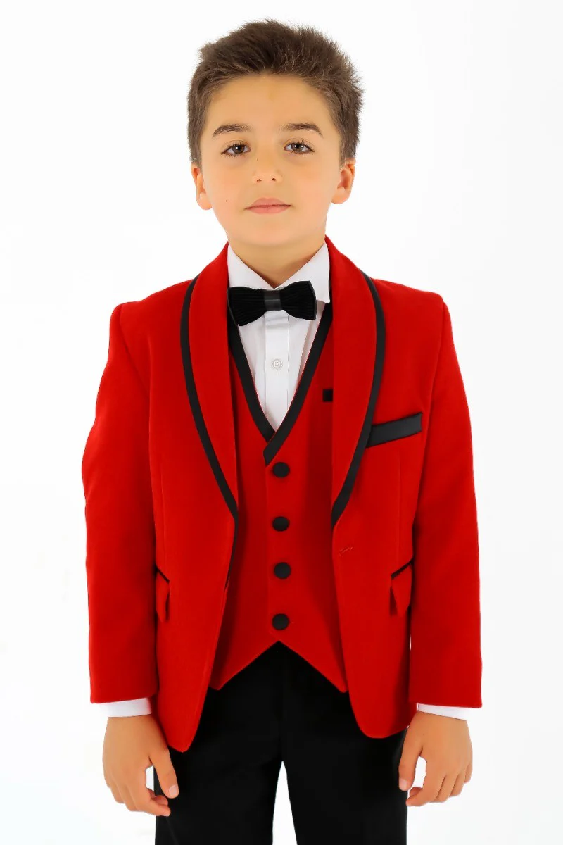 Boys Slim Fit Piping Velvet Tuxedo Suit - LONDON - Red - Image 3