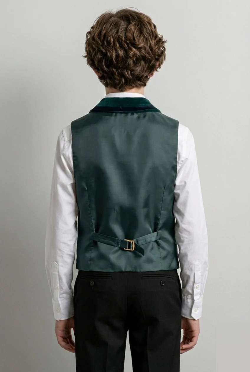 Boys Slim Fit Velvet Waistcoat with Lapel Trim - Green - Image 2