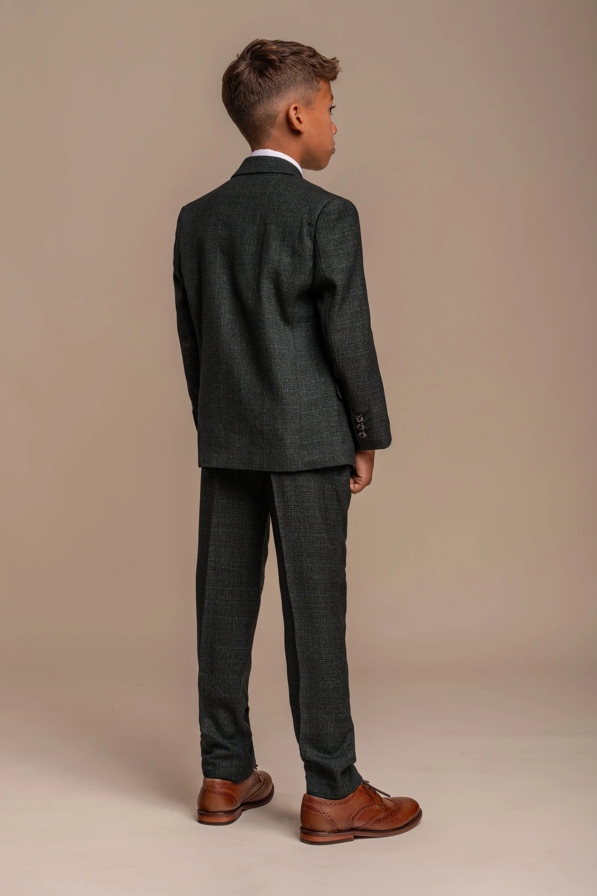 Boys 3-Piece Tweed Glen Check Slim Fit Suit - CARIDI - Olive Green - Image 3
