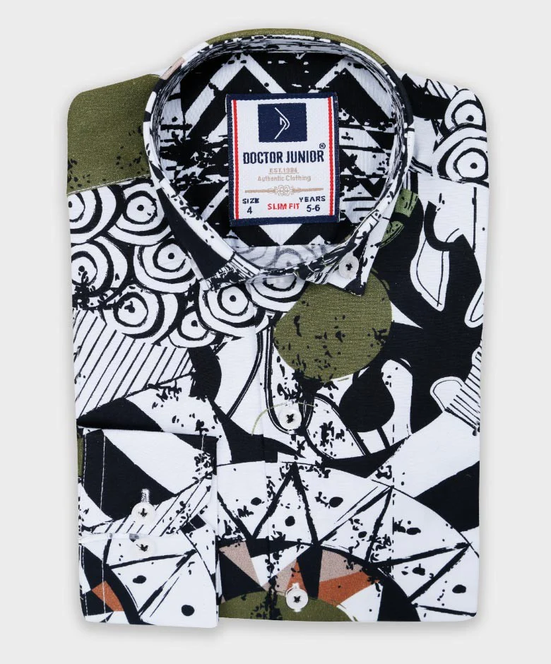 Boys Zen Doodle Printed Fashion Shirt - White-Green - Image 3