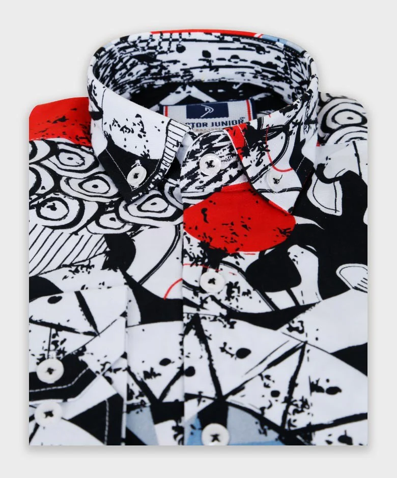 Boys Zen Doodle Printed Fashion Shirt - White- Red - Image 4