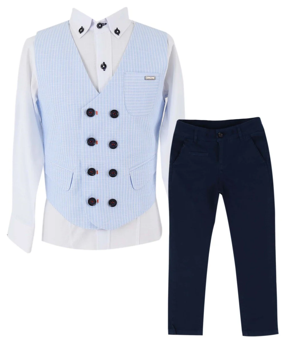 Boys Cotton Linen Pinstrip Waistcoat Suit Set - Baby Blue - Image 3