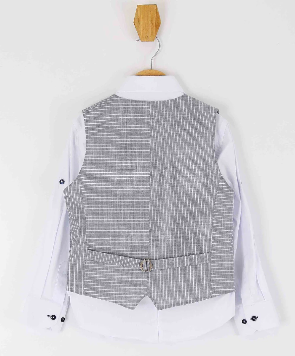 Boys Cotton Linen Pinstrip Waistcoat Suit Set - Grey - Image 5