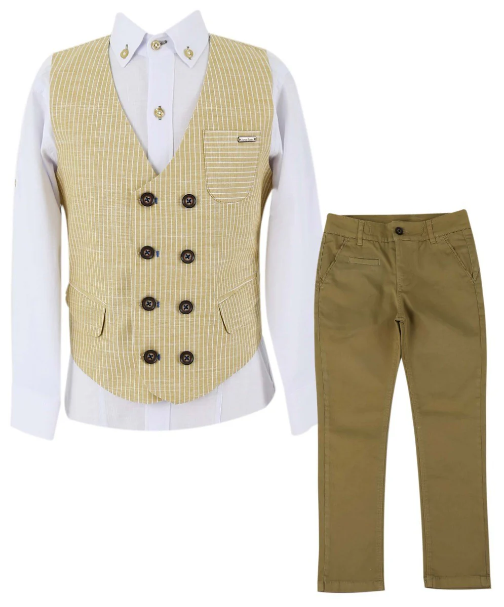 Boys Cotton Linen Pinstrip Waistcoat Suit Set - Mustard - Image 3