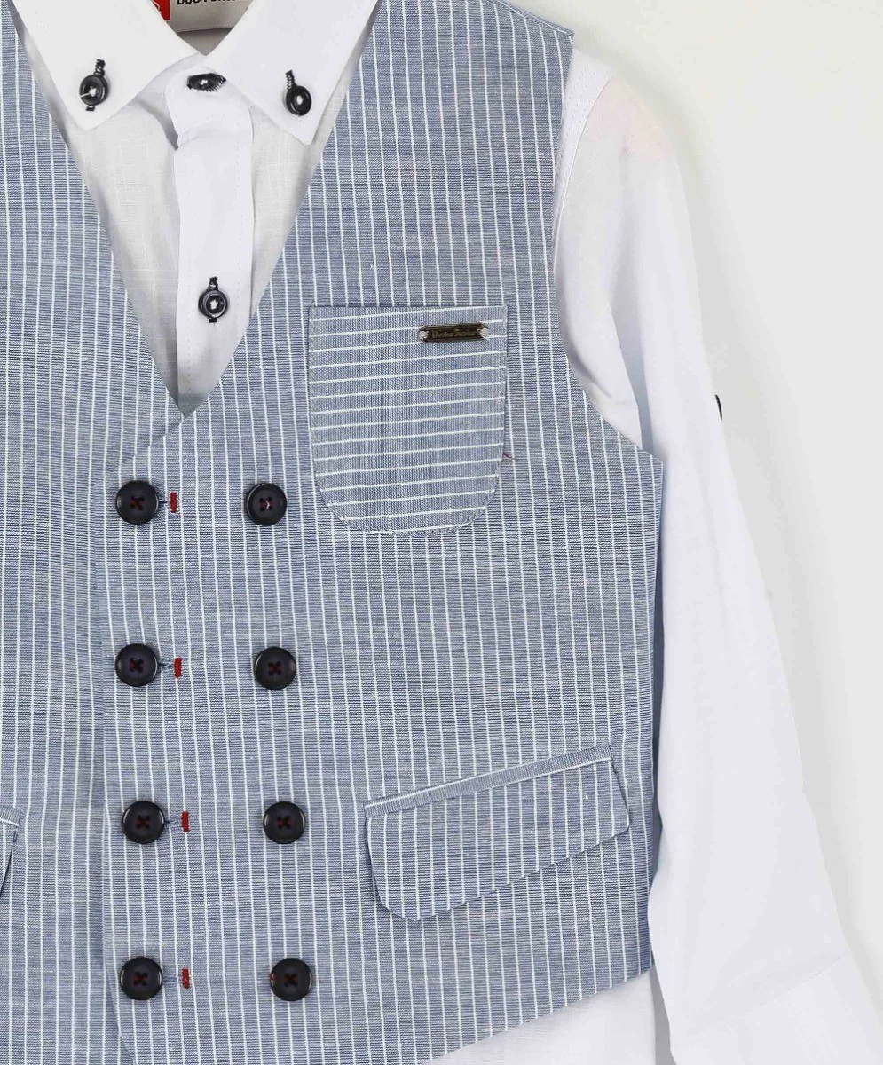 Boys Cotton Linen Pinstrip Waistcoat Suit Set - Navy Blue - Image 4