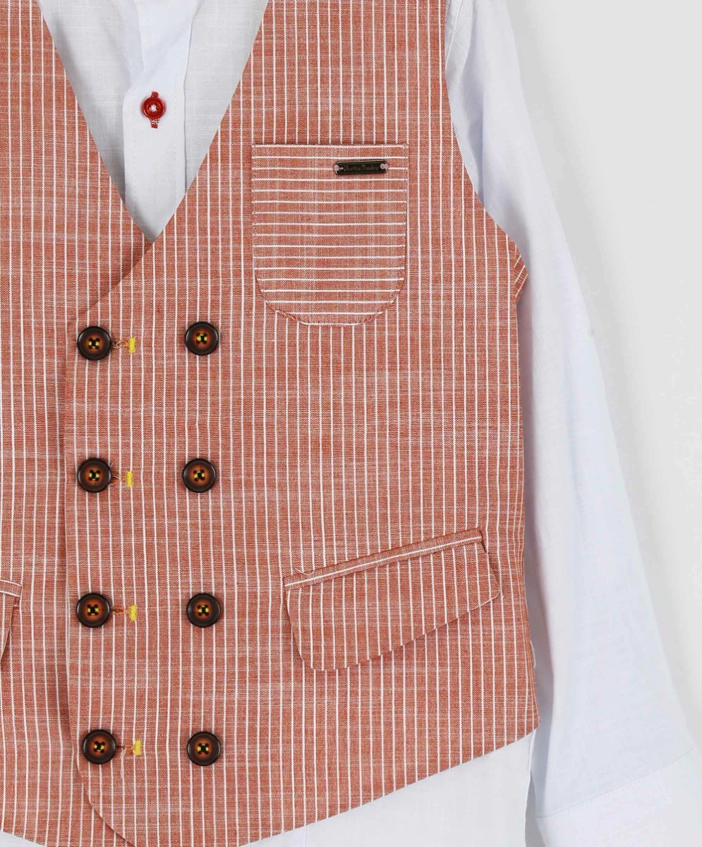 Boys Cotton Linen Pinstrip Waistcoat Suit Set - Red - Image 3