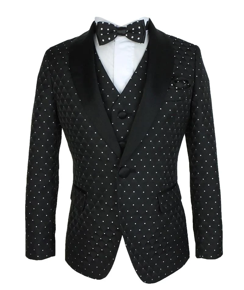 Boys Quilted Dotted Black Tuxedo Suit - Black - Image 3