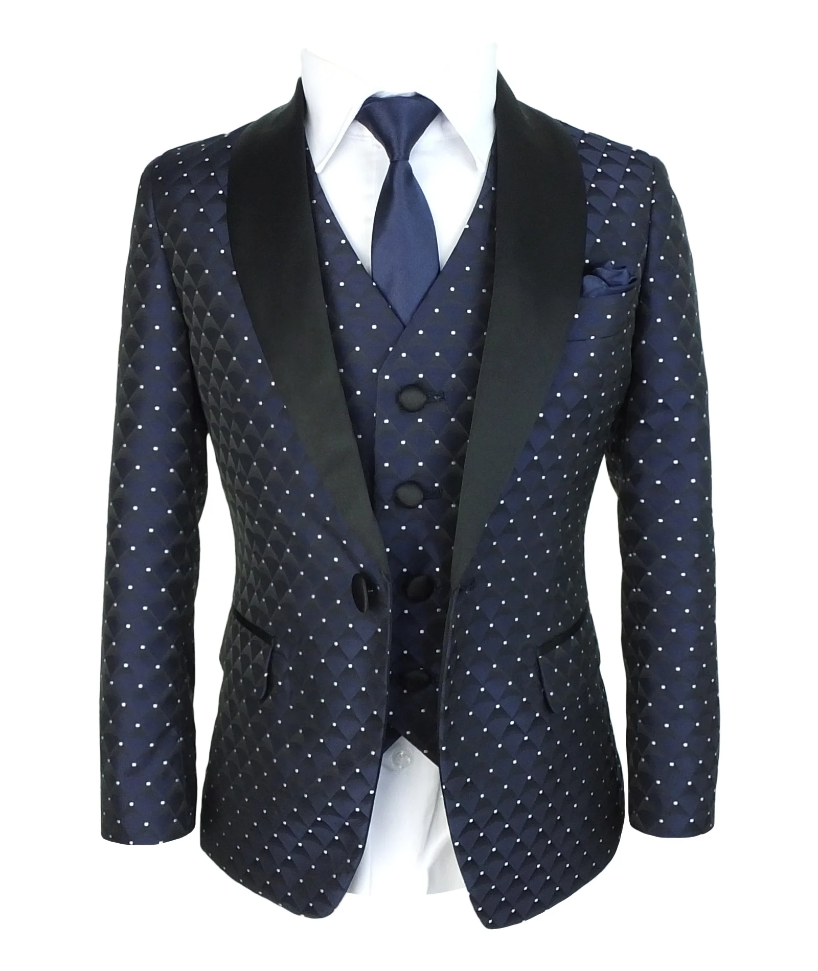 Boys Quilted Dotted Black Tuxedo Suit - Black - Image 4