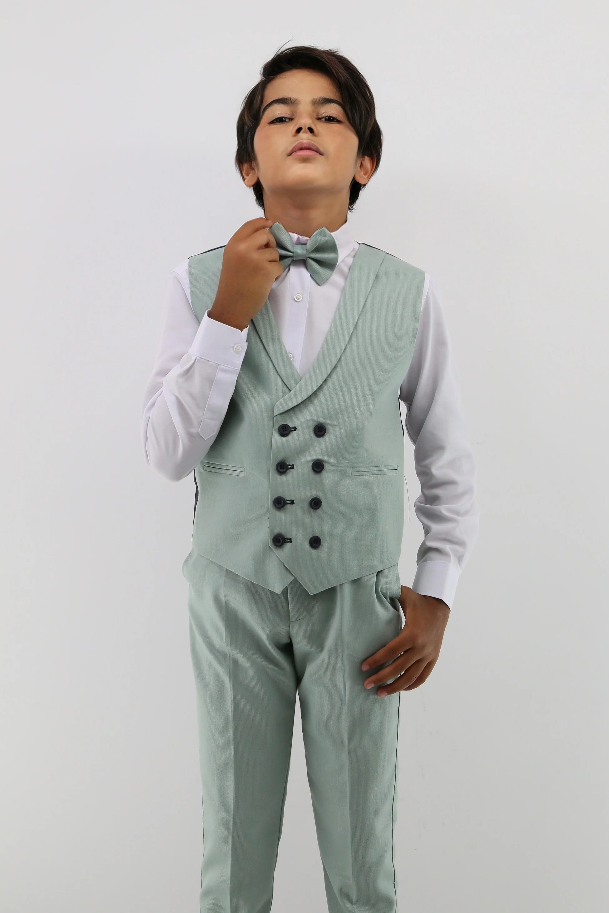 Boys Suit with Double Breasted Waistcoat 6 PC Set - Mint Green - Image 7