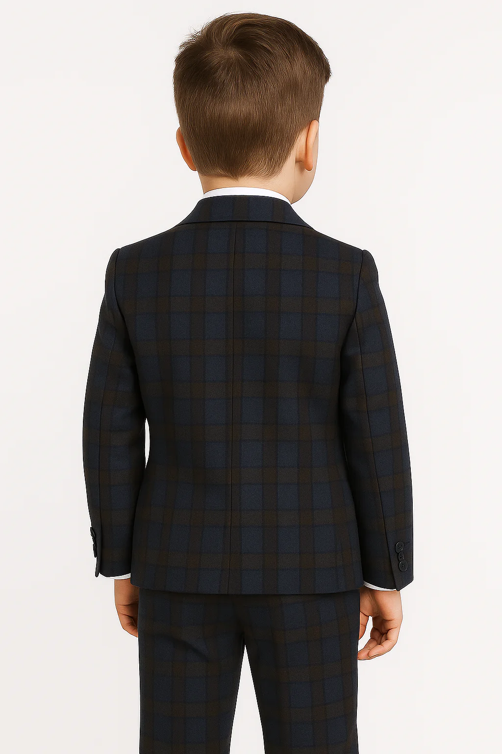 Boys Tailored Fit Retro Check Navy Suit - Navy Blue - Brown - Image 2