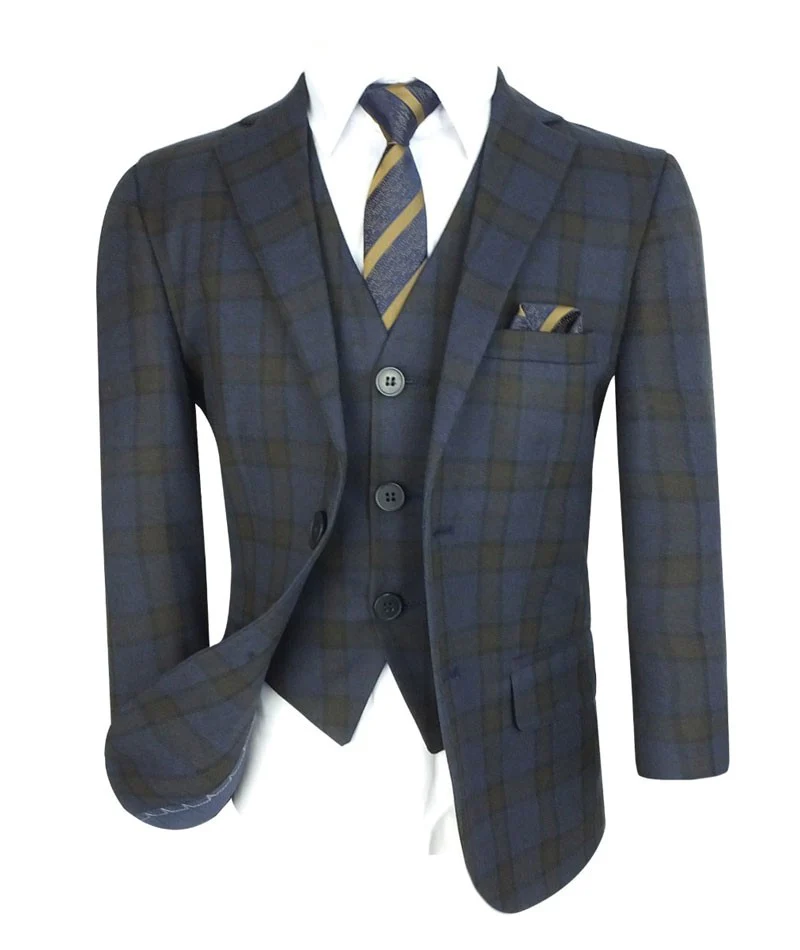 Boys Tailored Fit Retro Check Navy Suit - Navy Blue - Brown - Image 3