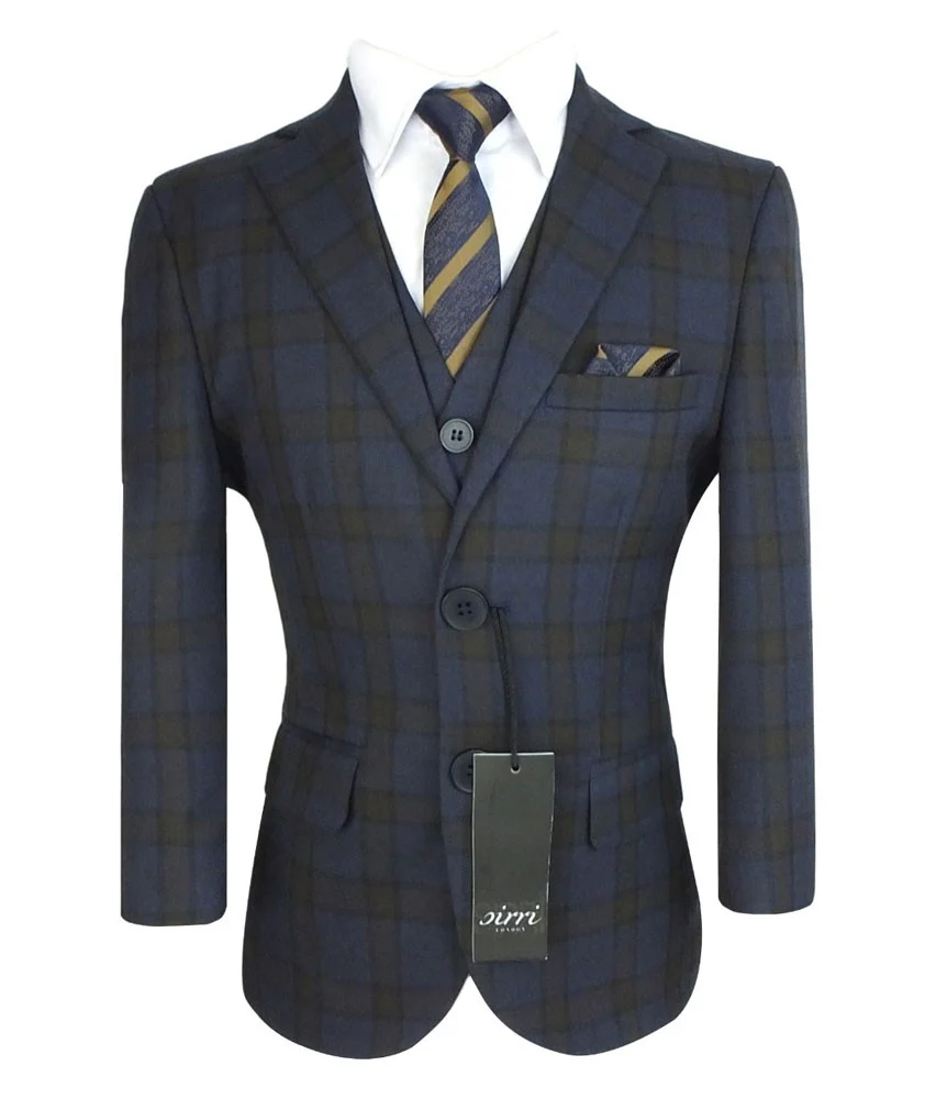 Boys Tailored Fit Retro Check Navy Suit - Navy Blue - Brown - Image 4