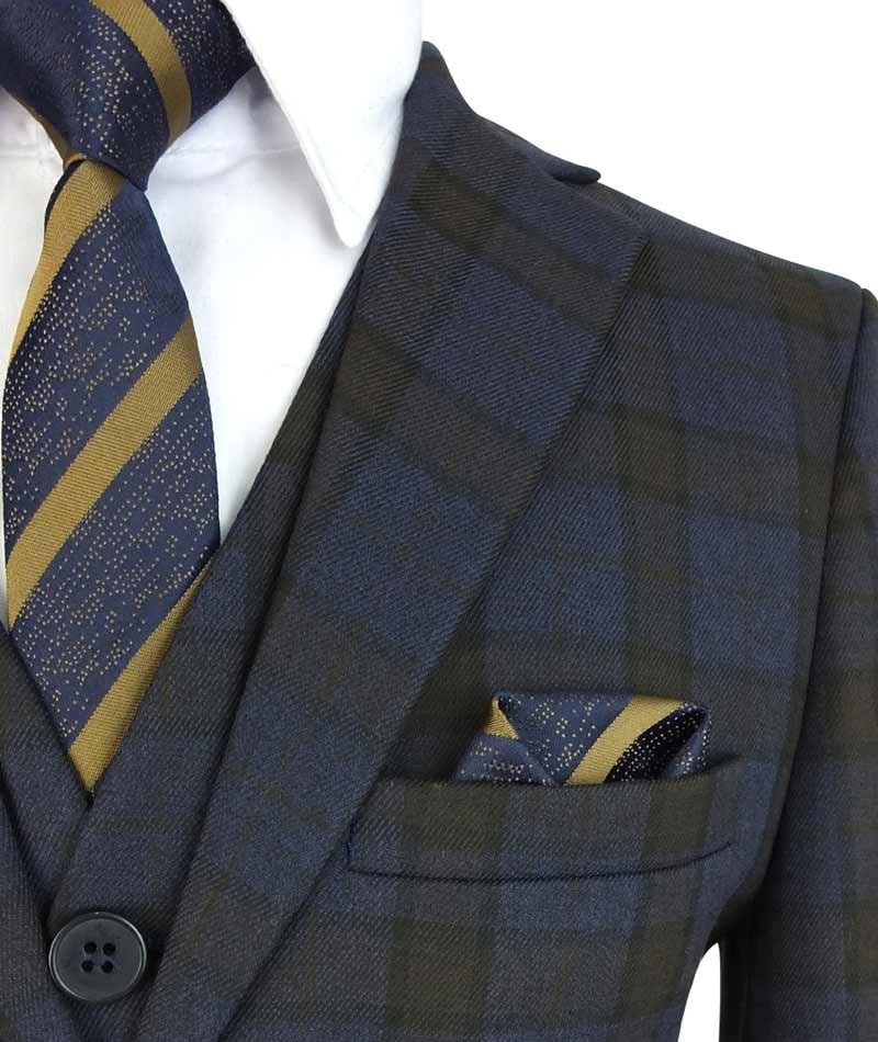 Boys Tailored Fit Retro Check Navy Suit - Navy Blue - Brown - Image 5