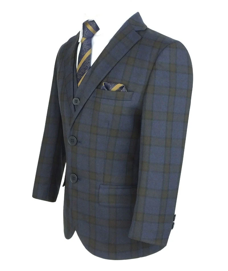 Boys Tailored Fit Retro Check Navy Suit - Navy Blue - Brown - Image 6