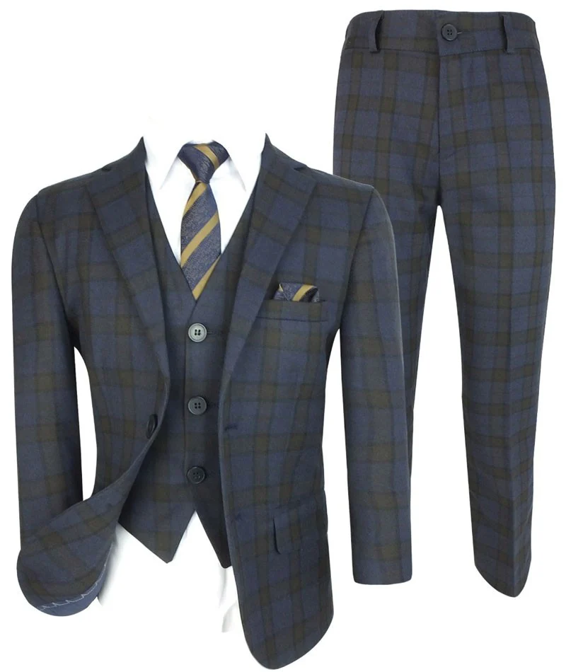 Boys Tailored Fit Retro Check Navy Suit - Navy Blue - Brown - Image 7