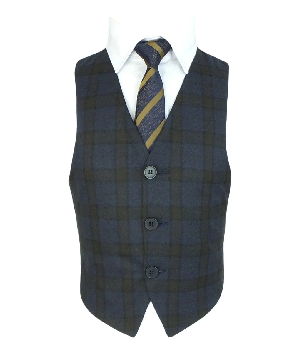 Boys Tailored Fit Retro Check Navy Suit - Navy Blue - Brown - Image 8
