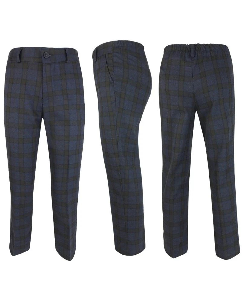 Boys Tailored Fit Retro Check Navy Suit - Navy Blue - Brown - Image 9