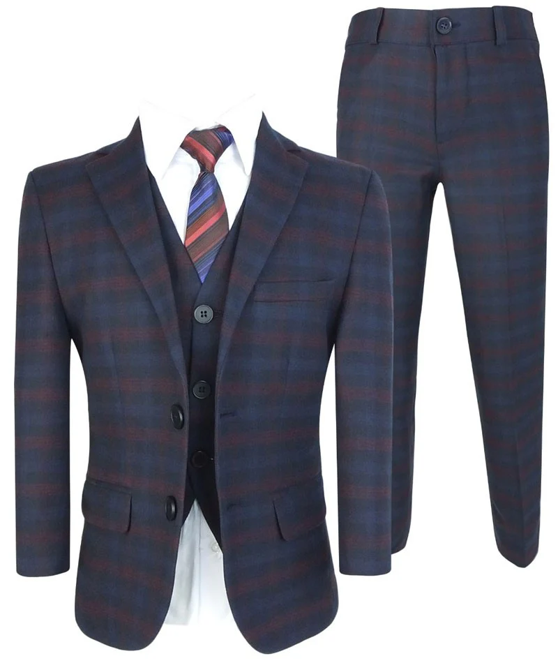 Boys Tailored Fit Retro Check Navy Suit - Navy Blue - Red - Image 5