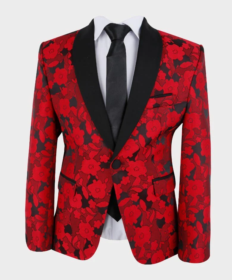Boys Tailored Fit Floral Patterned Tuxedo Suit - Red- Black - Image 5