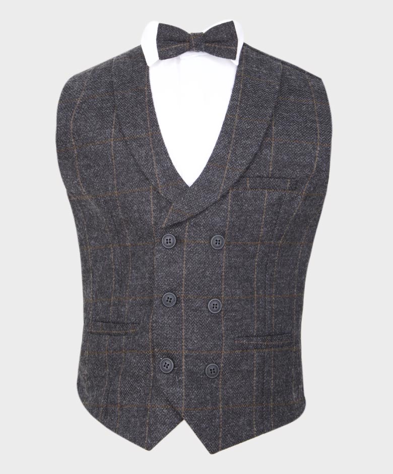 Boys Tailored Fit Herringbone Tweed Check Waistcoat Set - Dark Grey - Image 5