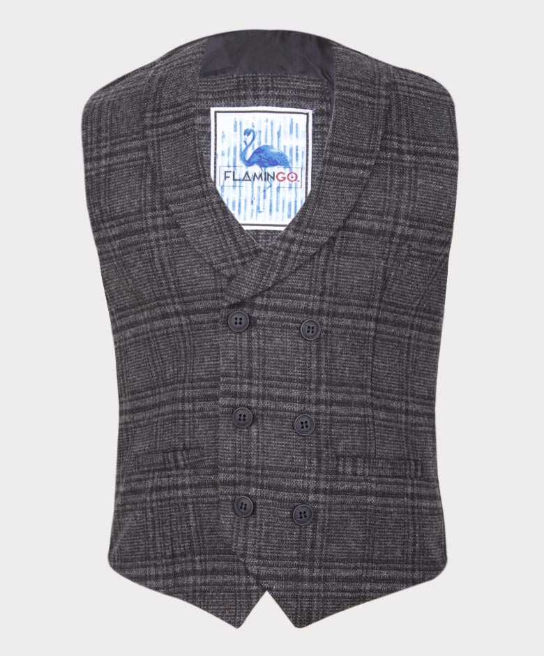 Boys Tailored Fit  Herringbone Tweed Check Waistcoat Set - Grey - Image 5