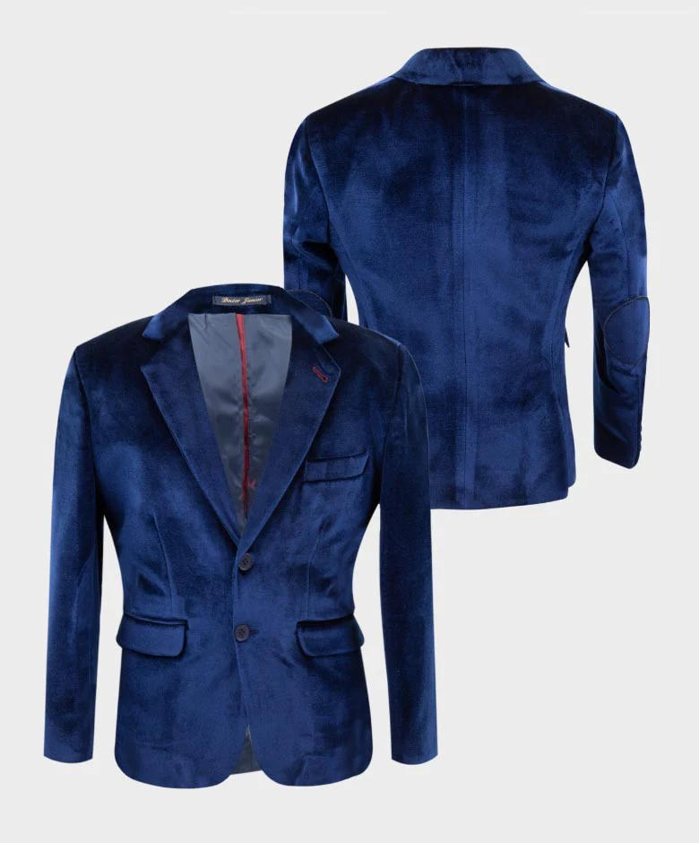 Boys Tailored Fit Velvet Blazer with Elbow Patches - Navy Blue - Image 2