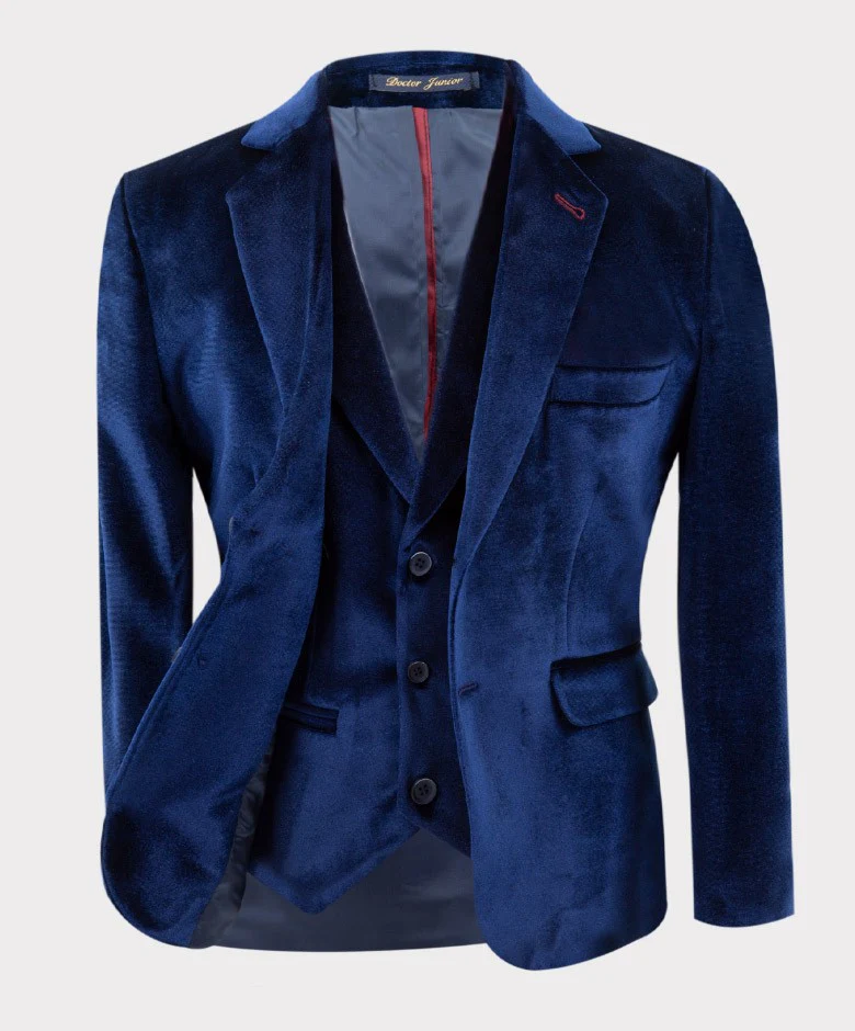 Boys Tailored Fit Velvet Blazer with Elbow Patches - Navy Blue - Image 3