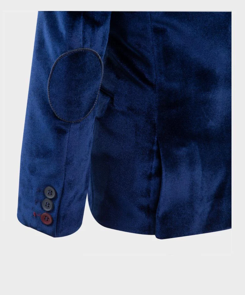Boys Tailored Fit Velvet Blazer with Elbow Patches - Navy Blue - Image 4