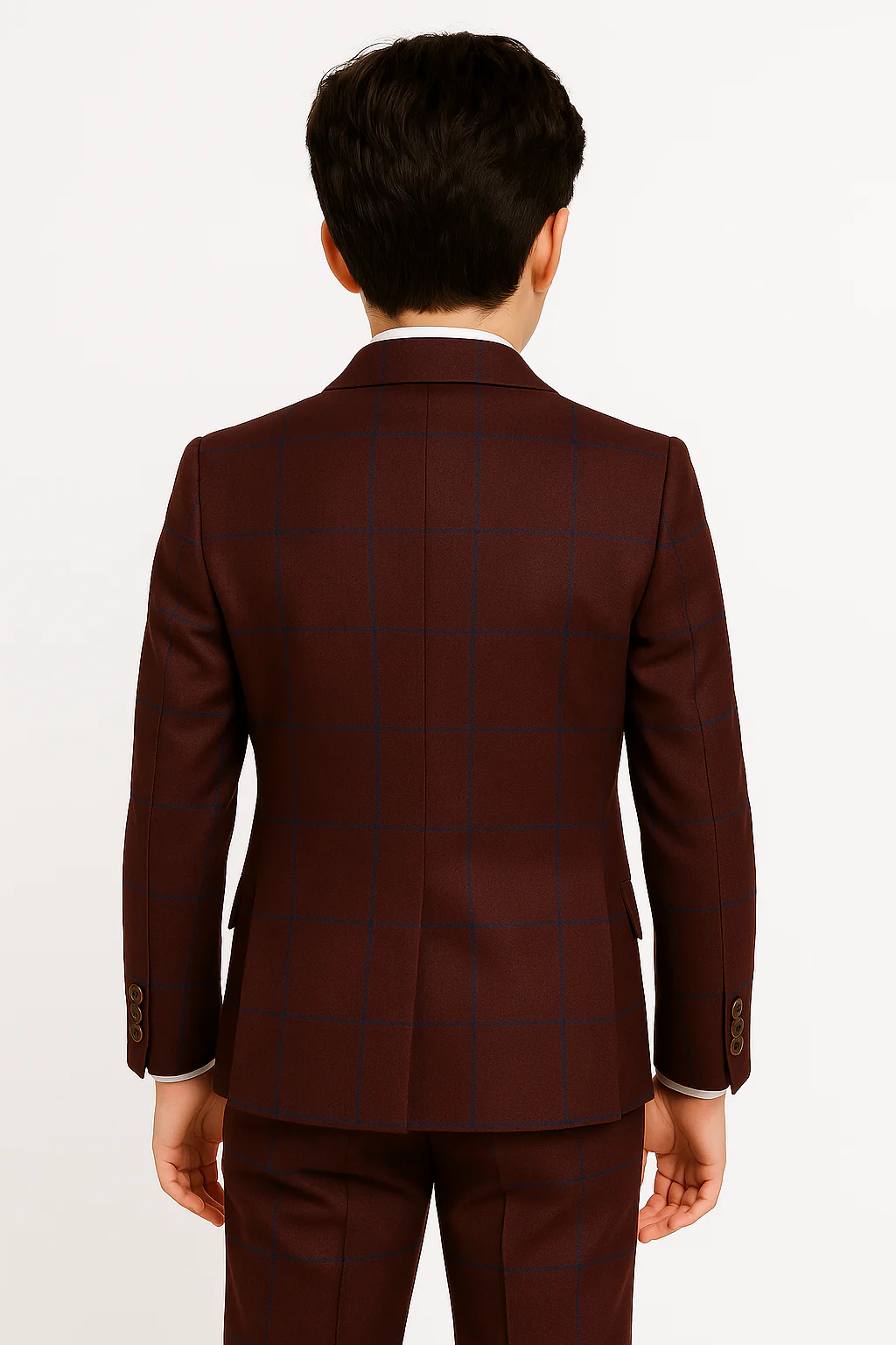 Boys 6 Piece Tailored Fit Windowpane Check Suit - Burgundy - Image 2