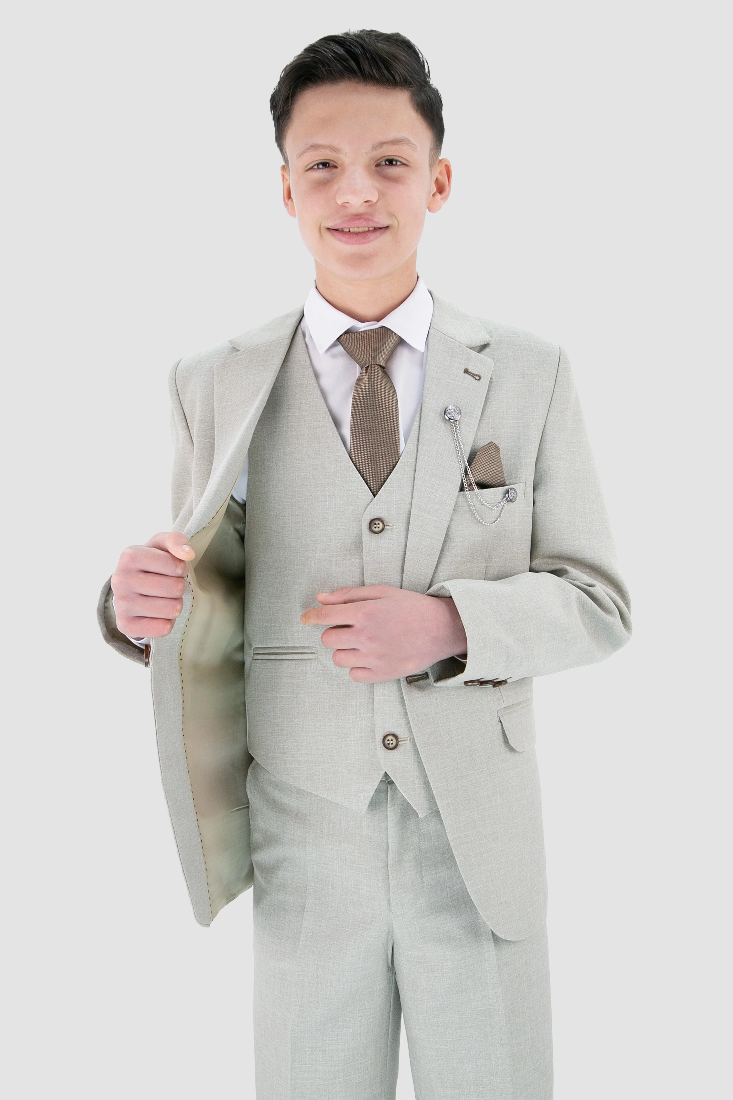 Boys Slim Fit Textured 8-Piece Formal Suit Set - Taupe Beige - Image 4