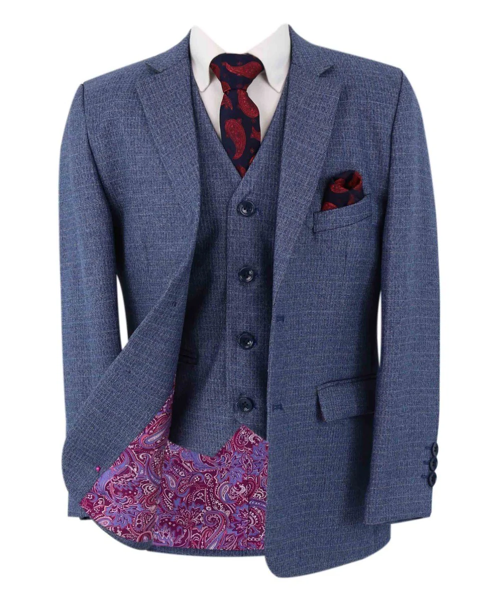 Boys Textured Tailored Fit Blue Suit - LONDON - Mid-Denim Blue - Image 3