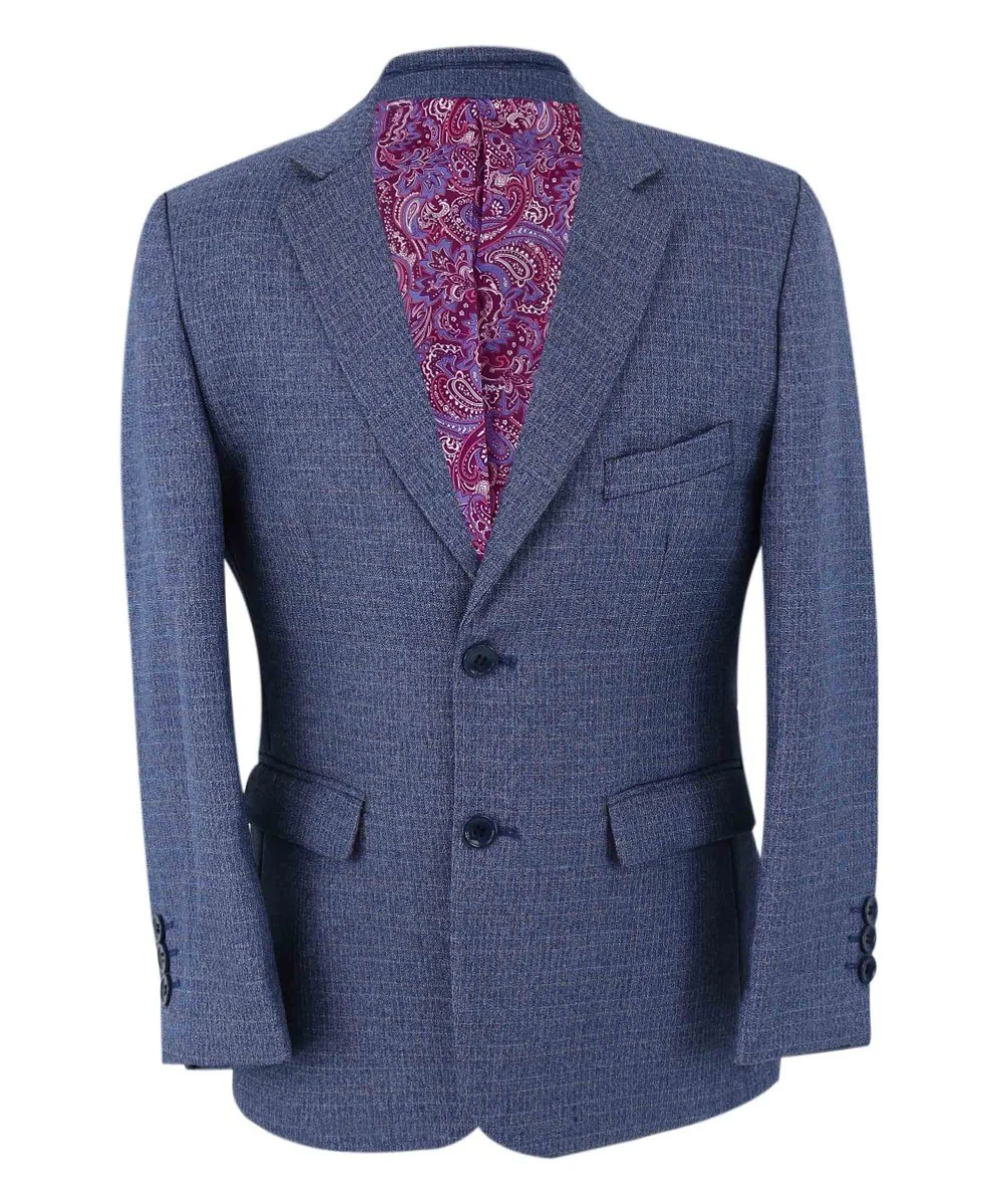 Boys Textured Tailored Fit Blue Suit - LONDON - Mid-Denim Blue - Image 6