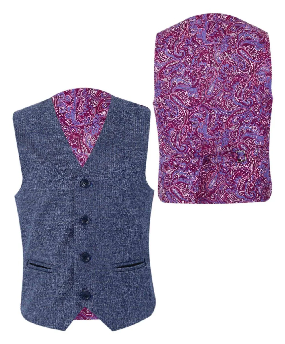 Boys Textured Tailored Fit Blue Suit - LONDON - Mid-Denim Blue - Image 9