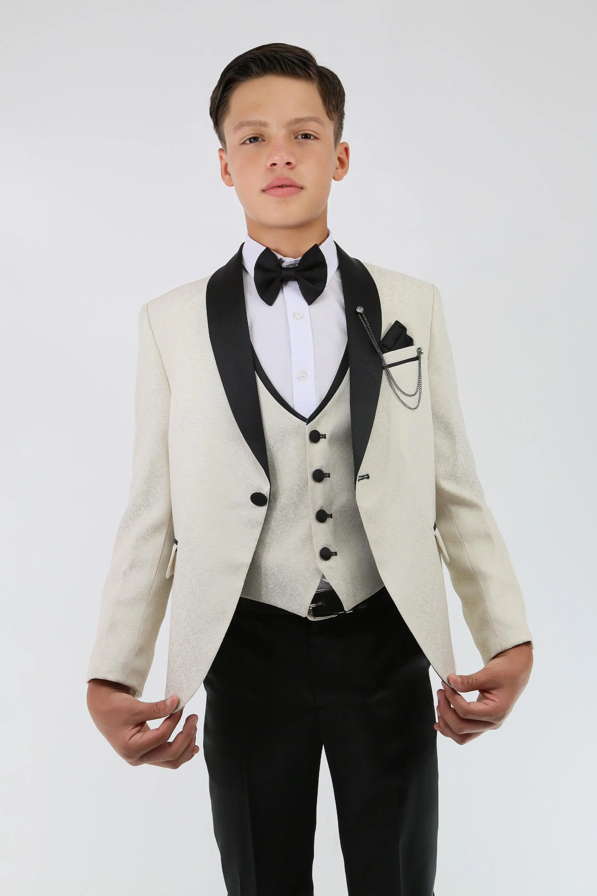 Boys Tuxedo Floral Patterned Dinner Suit 7 PC Set - Ivory - Image 4