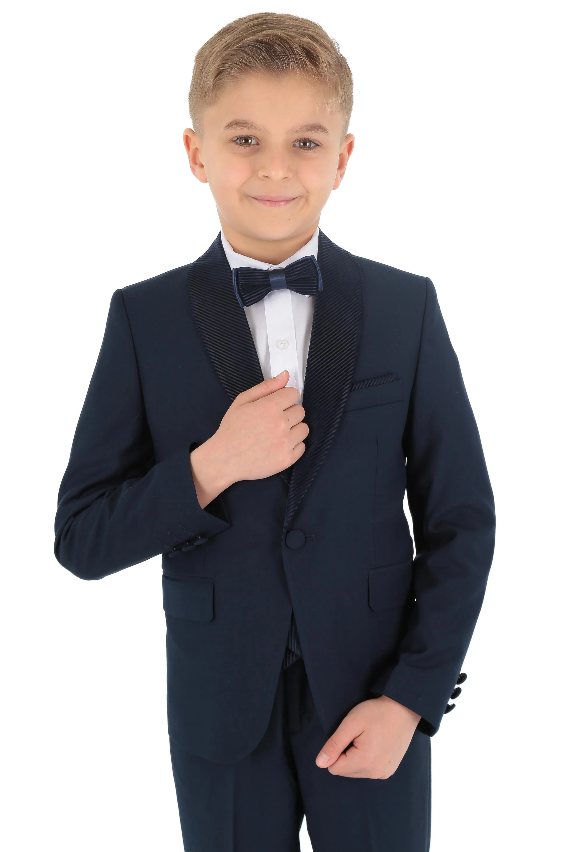 Boys Tuxedo Suit - Corduroy Velvet Waistcoat & shawl lapel - Navy Blue - Image 3