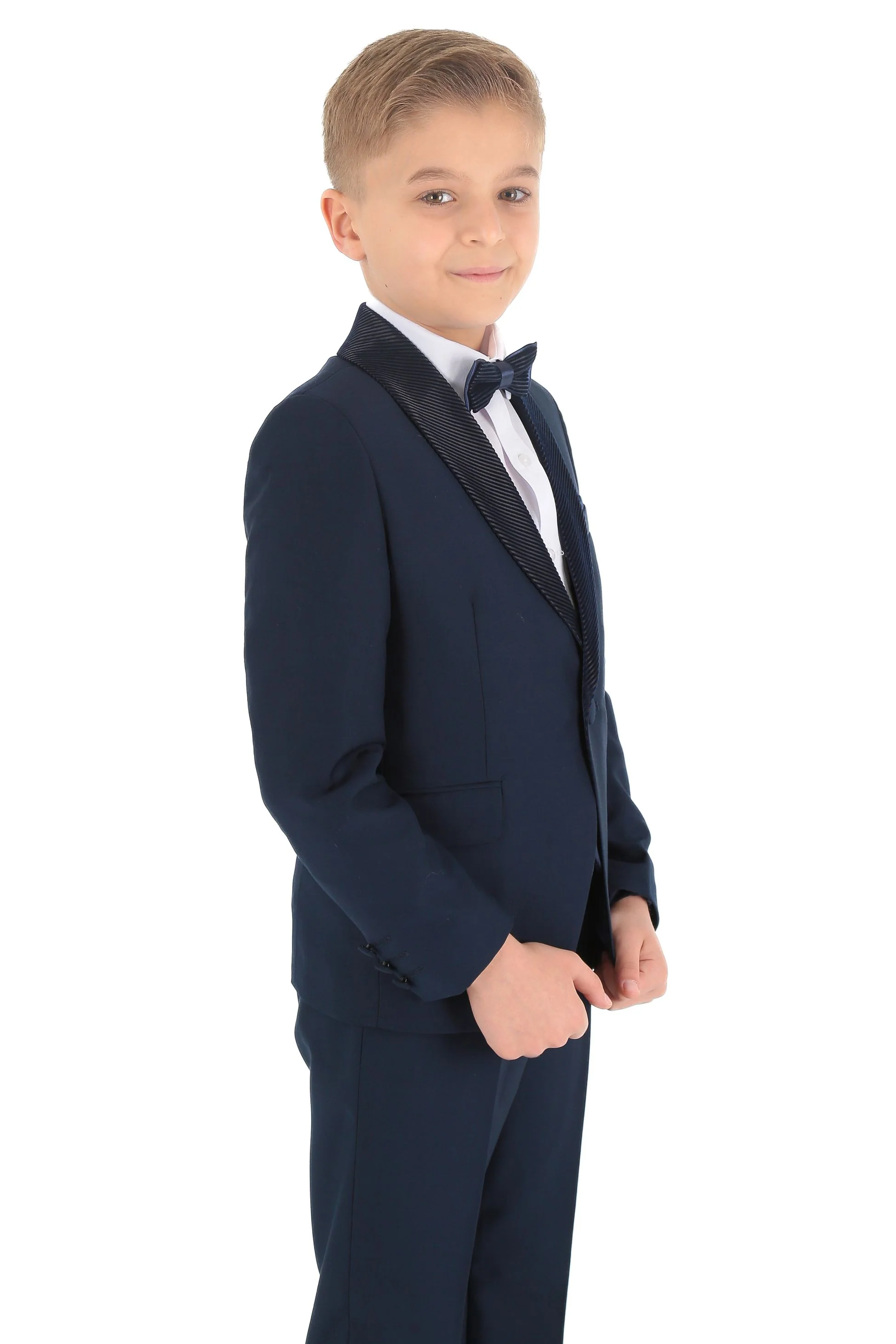 Boys Tuxedo Suit - Corduroy Velvet Waistcoat & shawl lapel - Navy Blue - Image 4