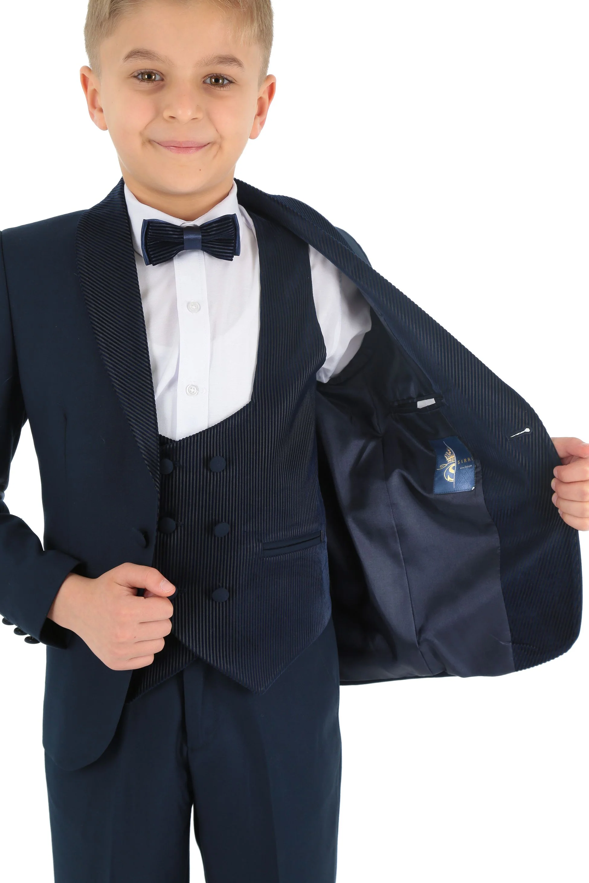 Boys Tuxedo Suit - Corduroy Velvet Waistcoat & shawl lapel - Navy Blue - Image 9