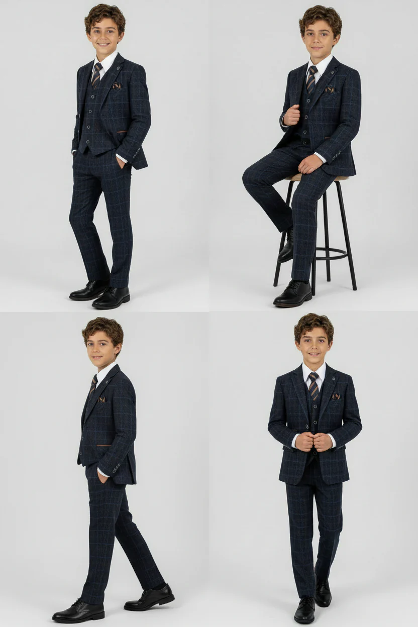 Boys Tailored Fit Retro Check Suit - ANTHONY NAVY - Image 6