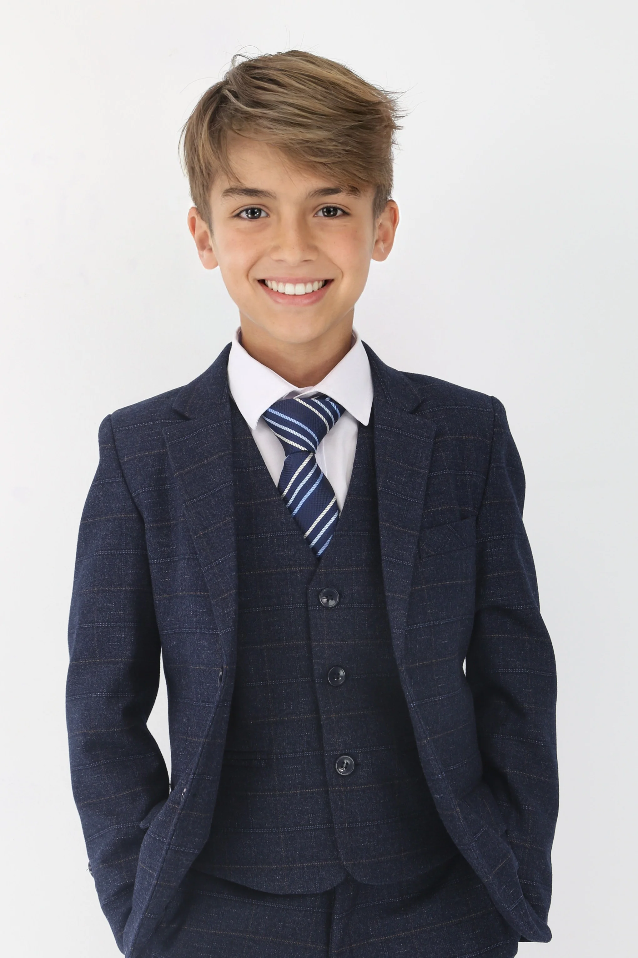 Boys Tweed Like Check Tailored Fit Formal Suit Set - Navy - Image 3