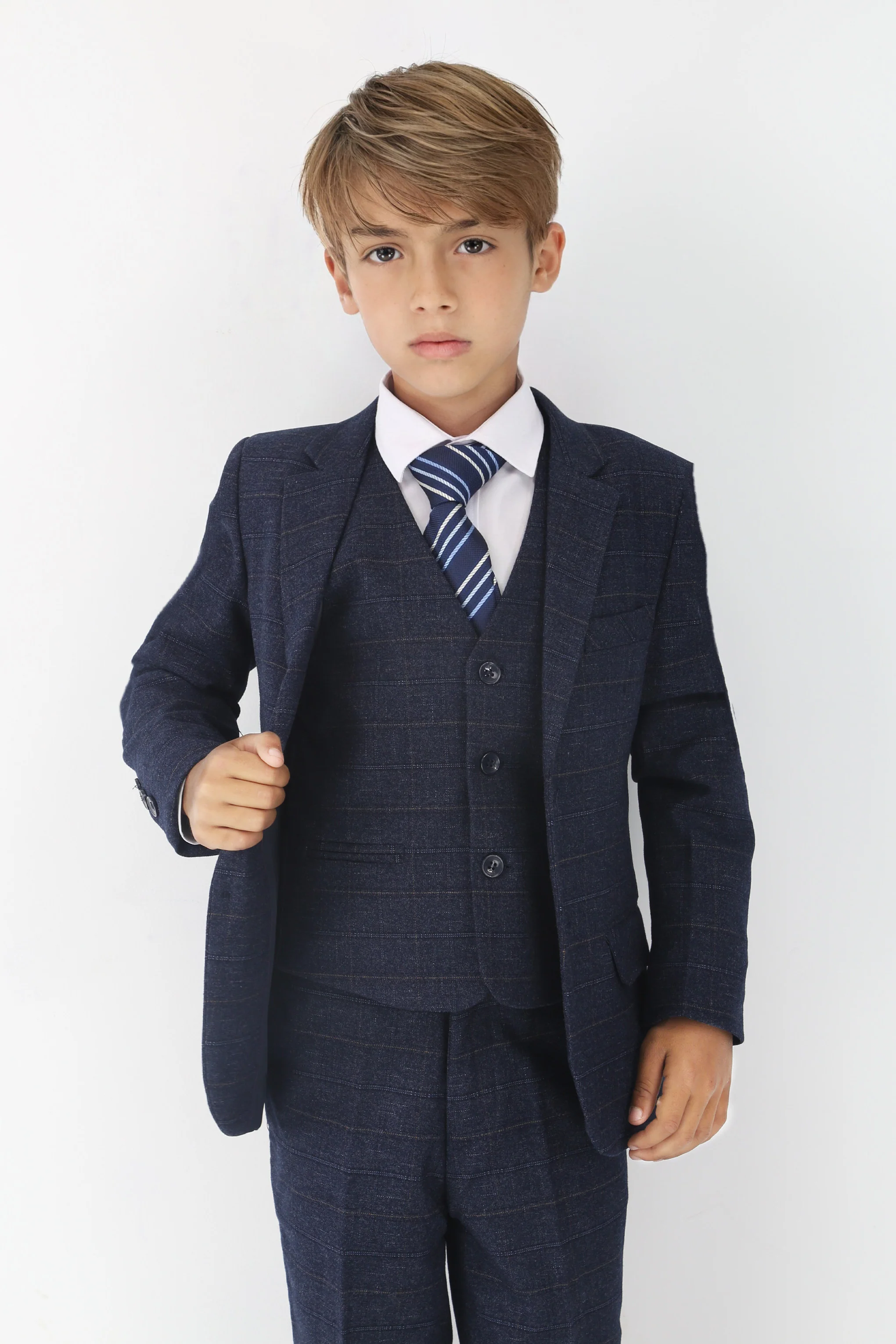 Boys Tweed Like Check Tailored Fit Formal Suit Set - Navy - Image 4