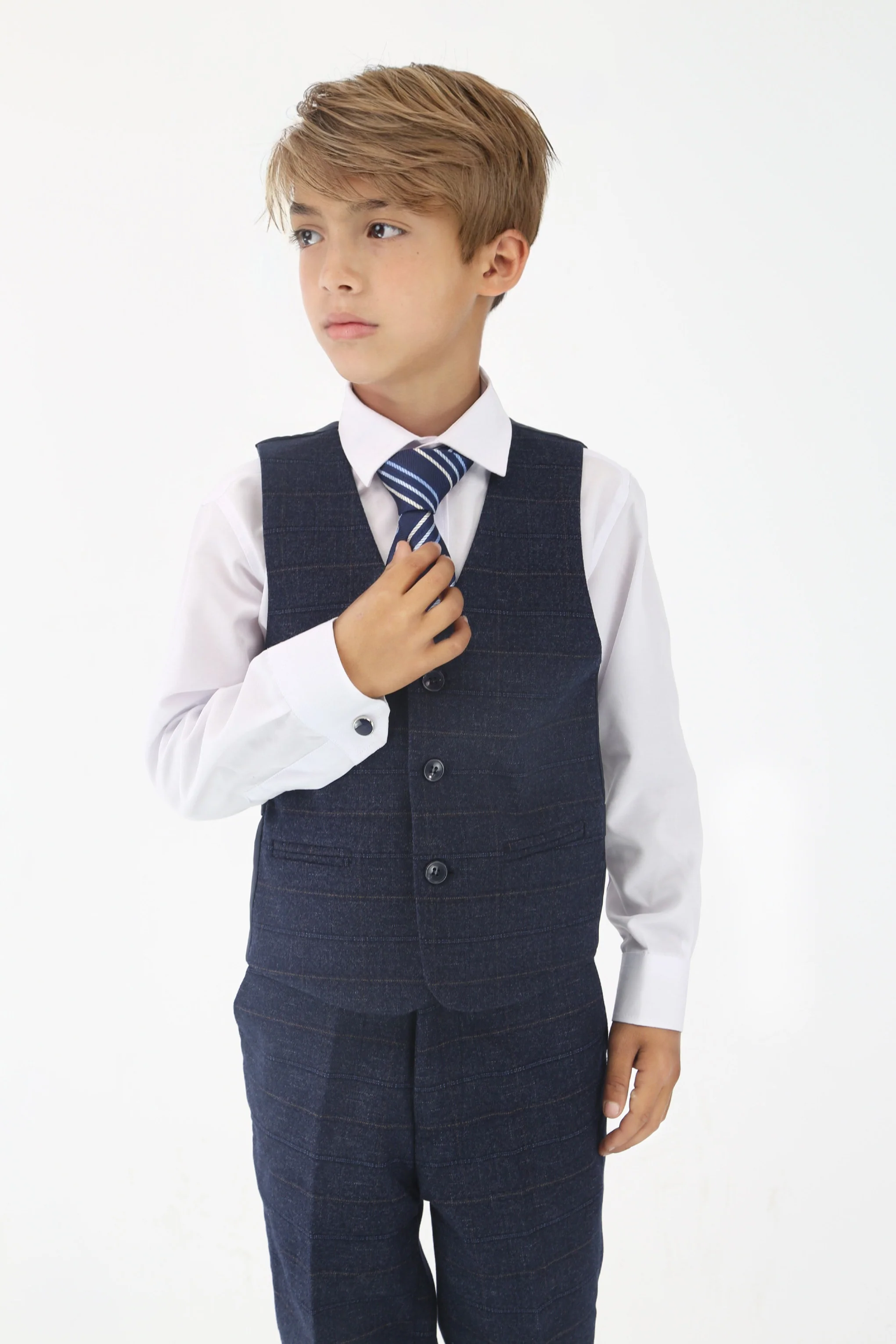 Boys Tweed Like Check Tailored Fit Formal Suit Set - Navy - Image 6