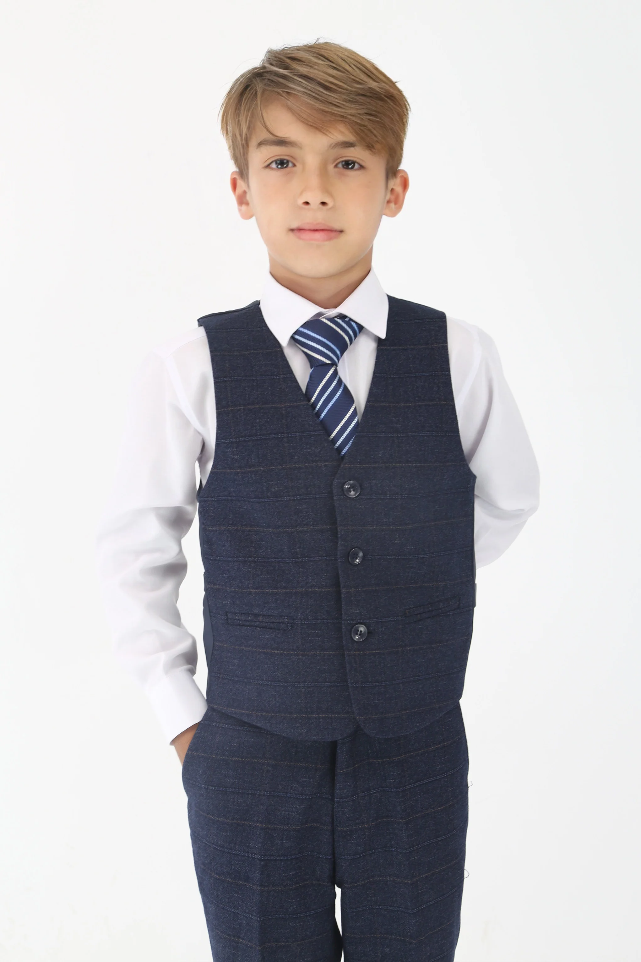Boys Tweed Like Check Tailored Fit Formal Suit Set - Navy - Image 8