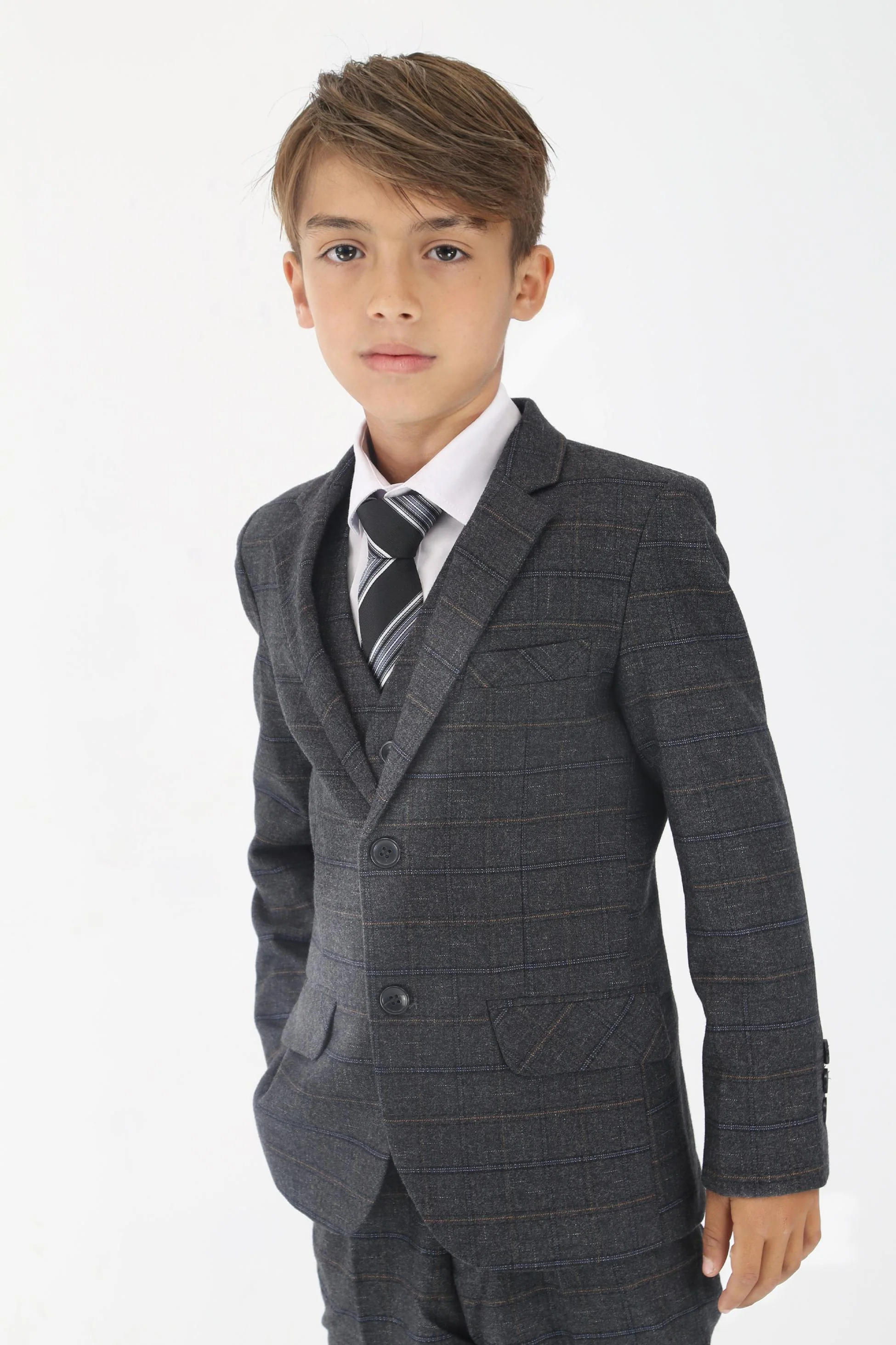 Boys Tweed Like Check Tailored Fit Formal Suit Set - Charcoal Grey - Image 10