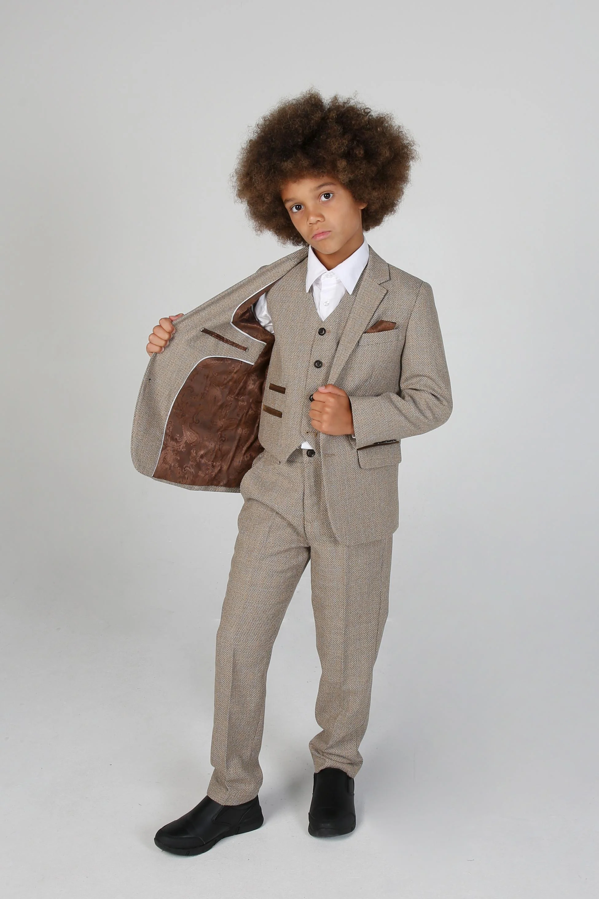 Boys Tweed Tailored Fit Formal Suit - Ralph - Beige - Image 4