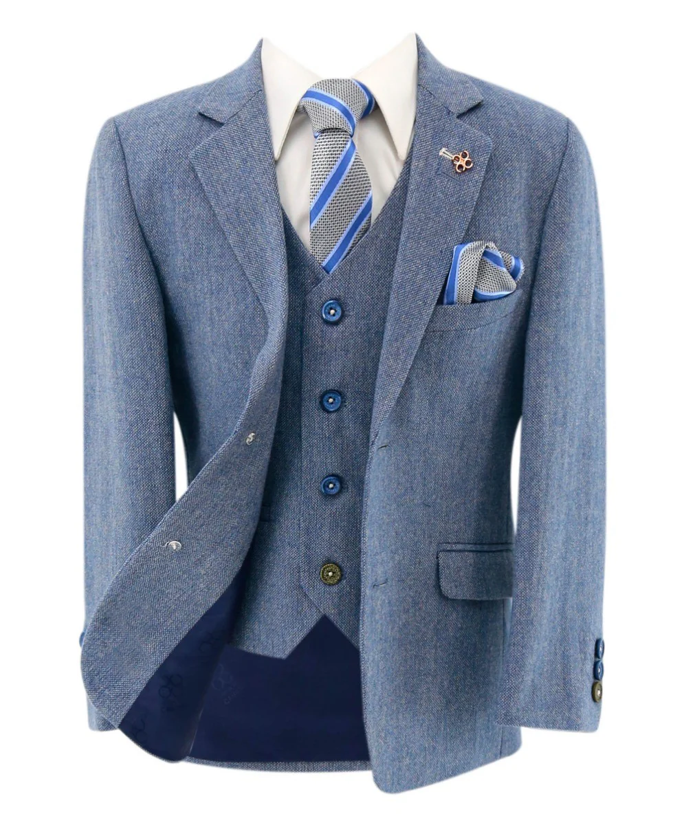 Boys Tweed Slim Fit Suit - WELLS Blue - Light Blue - Image 7