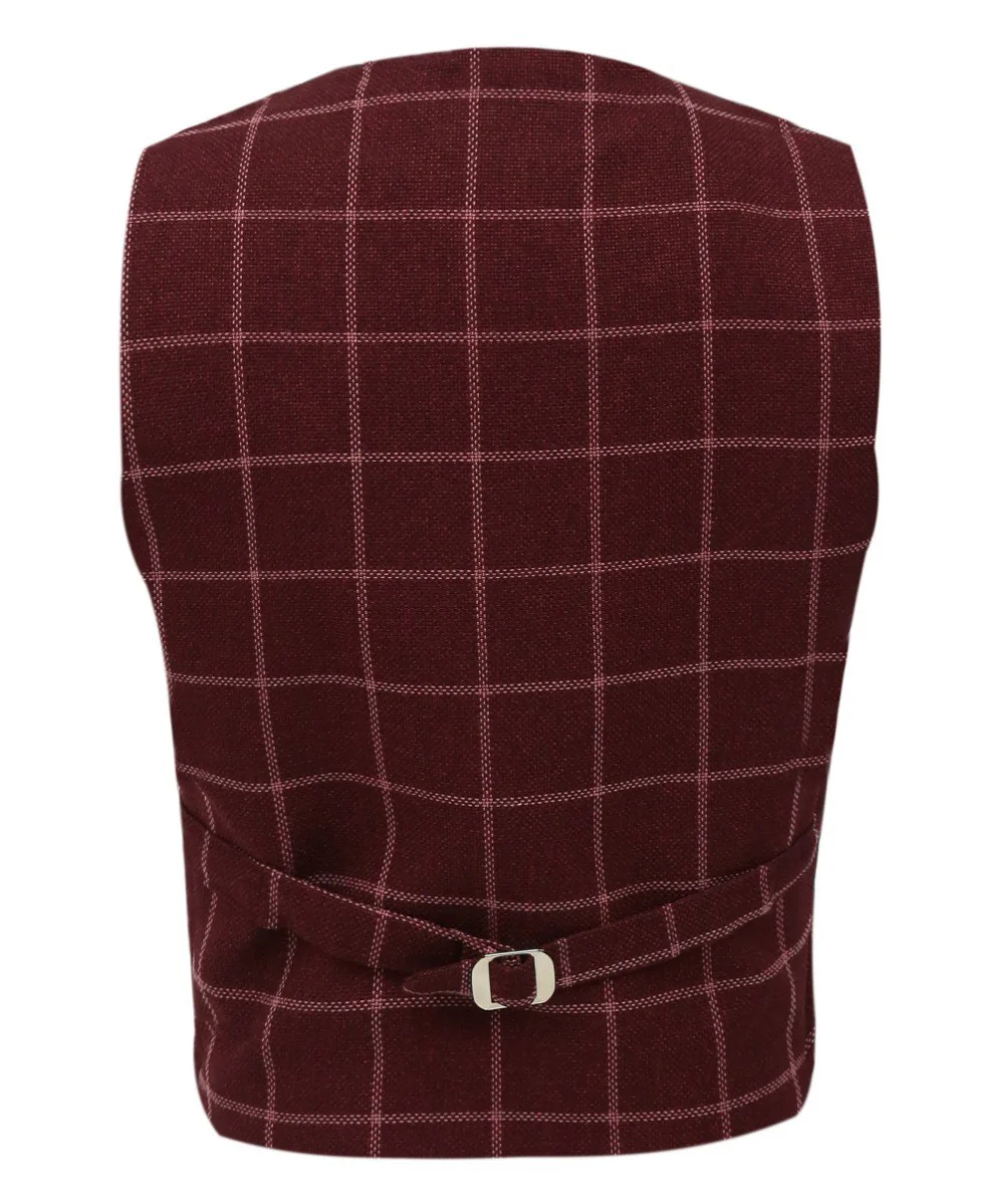 Boys Tweed Check Cotton Waistcoat Set - Maroon - Burgundy - Image 3