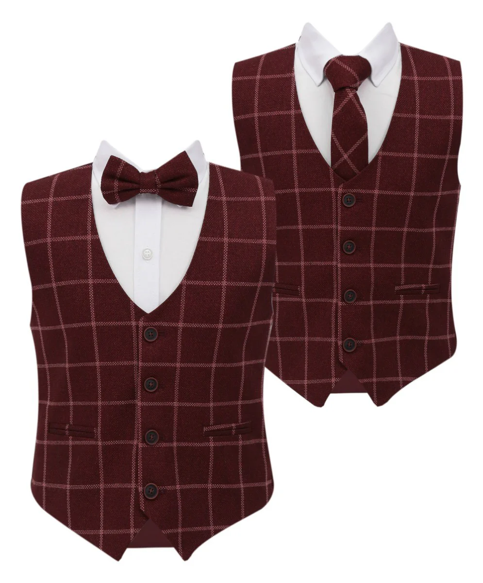 Boys Tweed Check Cotton Waistcoat Set - Maroon - Burgundy - Image 4