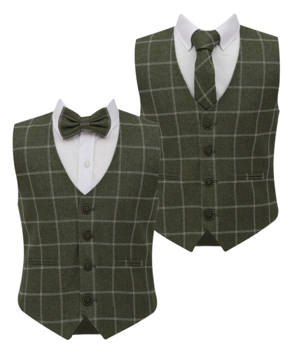 Boys Tweed Check Cotton Waistcoat Set - Sage Green - Image 3